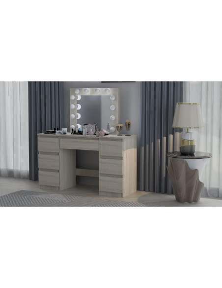 Set masa de toaleta/machiaj Vanessa + scaun Mark, stejar, cu oglinda si LED-uri, 130x43x143 cm