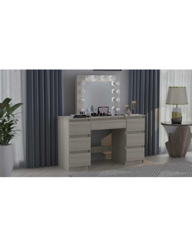 Set masa de toaleta/machiaj Vanessa + scaun Mark, stejar, cu oglinda si LED-uri, 130x43x143 cm