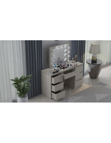 Set masa de toaleta/machiaj Vanessa + scaun Mark, stejar, cu oglinda si LED-uri, 130x43x143 cm
