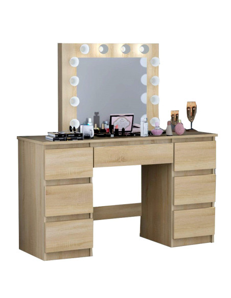 Set masa de toaleta/machiaj Vanessa + scaun Mark, stejar, cu oglinda si LED-uri, 130x43x143 cm