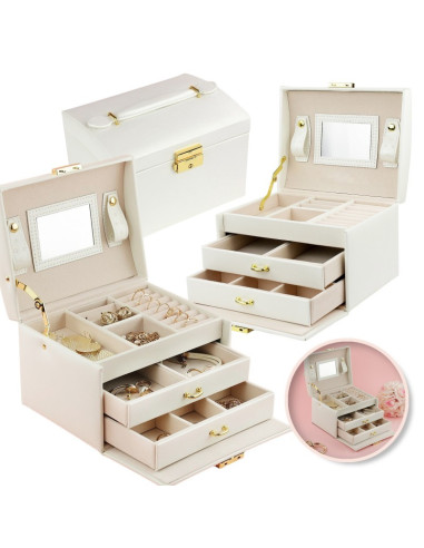 Cutie de bijuterii, caseta organizator tip valiza crem, multiple compartimente, Jollymag, PD49K