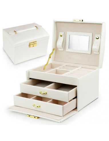 Cutie de bijuterii, caseta organizator tip valiza crem, multiple compartimente, Jollymag, PD49K