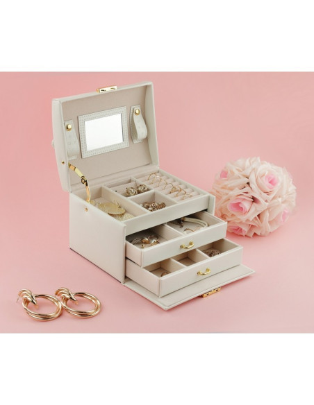 Cutie de bijuterii, caseta organizator tip valiza crem, multiple compartimente, Jollymag, PD49K