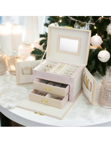 Cutie de bijuterii, caseta organizator tip valiza roz, multiple compartimente, Jollymag, PD102R