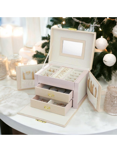 Cutie de bijuterii, caseta organizator tip valiza roz, multiple compartimente, Jollymag, PD102R