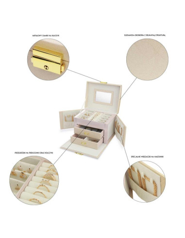 Cutie de bijuterii, caseta organizator tip valiza roz, multiple compartimente, Jollymag, PD102R