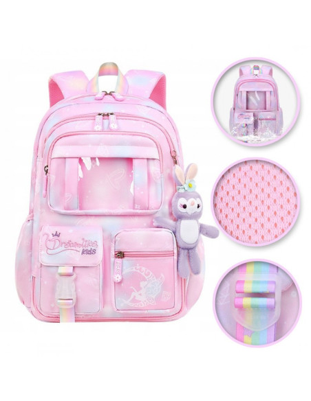 Rucsac roz, universal, pentru sport si scoala, grafica rainbow cu plus, JollyMag, PL159R