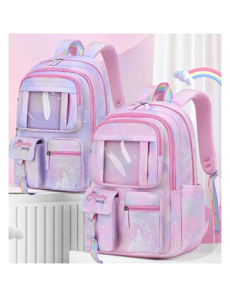 Rucsac roz, universal, pentru sport si scoala, grafica rainbow cu plus, JollyMag, PL159R
