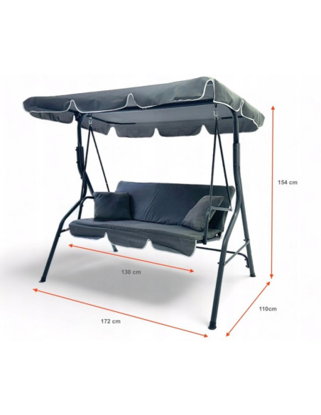 Balansoar gradina acoperit, 3 locuri, maxim 260 kg, perne negre,  JollyMag, HO01CZ