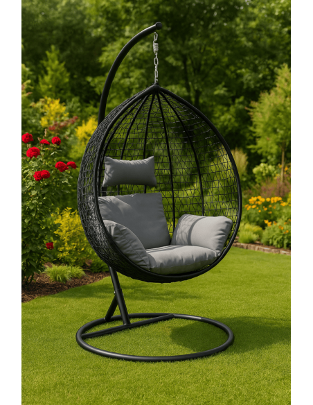 Leagan tip cuib, fotoliu suspendat, maxim 130 kg, cocoon negru si perne gri,  JollyMag, KR23