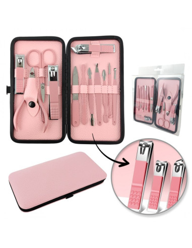 Set manichiura si pedichiura, roz, 12 in 1, organizat in trusa din piele ecologica, JollyMag, AK20