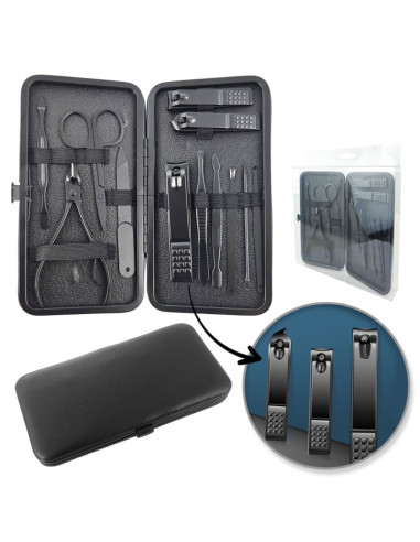 Set manichiura si pedichiura, negru, 12 in 1, organizat in trusa din piele ecologica, JollyMag, AK21