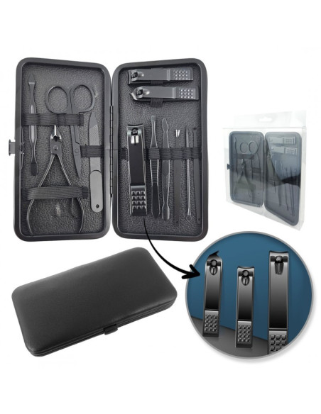 Set manichiura si pedichiura, negru, 12 in 1, organizat in trusa din piele ecologica, JollyMag, AK21