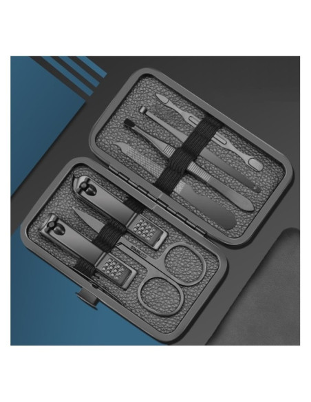 Set manichiura si pedichiura, negru, 12 in 1, organizat in trusa din piele ecologica, JollyMag, AK21
