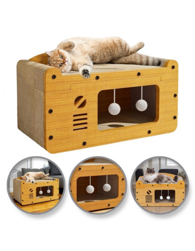 Casuta si pat culcus pentru pisici, cu loc de zgariat si jucat, JollyMag, KOT18