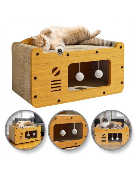 Casuta si pat culcus pentru pisici, cu loc de zgariat si jucat, JollyMag, KOT18