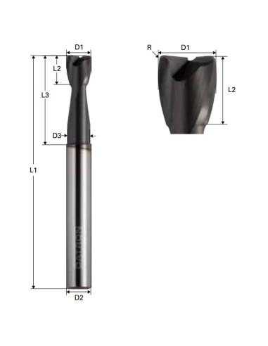 Freza de adancime cu raza, Triple Cut, 2 caneluri, Datron 00781066, R 1.0, 6.0x7.0x6.0mm