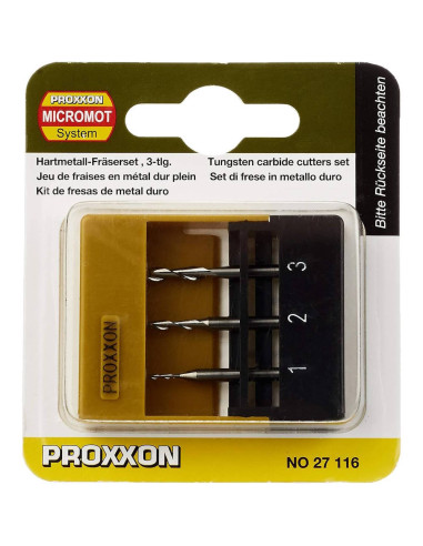 Set 3 freze tungsten, 2 caneluri, Proxxon 27116, 1.0-2.0-3.0mm, ax 3.0mm