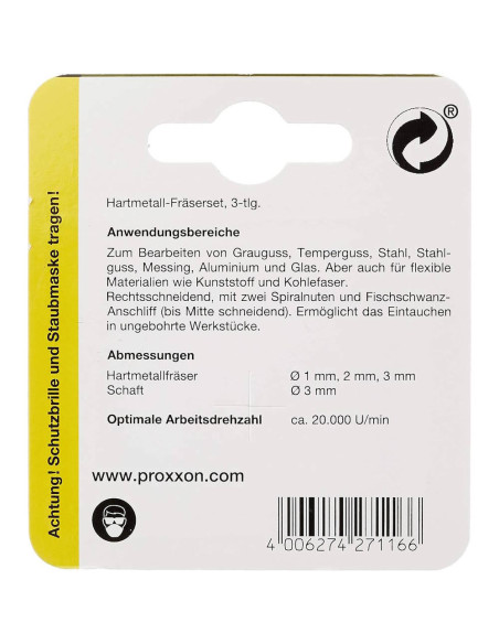 Set 3 freze tungsten, 2 caneluri, Proxxon 27116, 1.0-2.0-3.0mm, ax 3.0mm