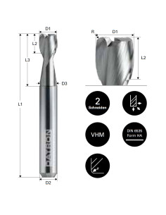 Freza de adancime si raza, 2 caneluri, Datron 0068080K, R 1.0, 8.0x12.0x8.0mm 2