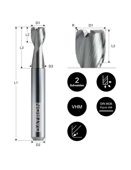 Freza de adancime si raza, 2 caneluri, Datron 0068460F, R 1.0, 6.0x7.0x6.0mm