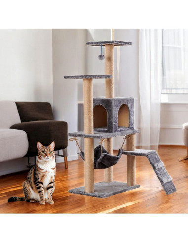 Ansamblu de joaca, cu pat culcus pentru pisici si loc de zgariat, gri, JollyMag, KOT17SZ