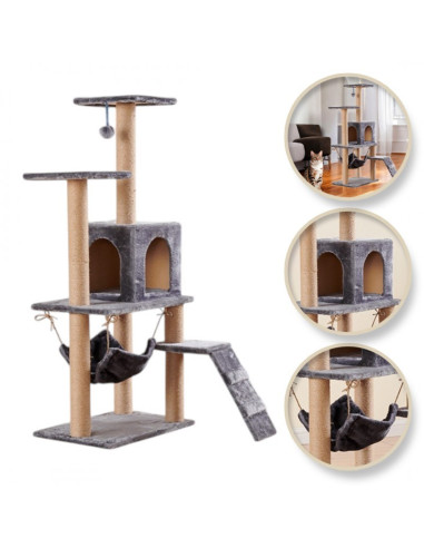 Ansamblu de joaca, cu pat culcus pentru pisici si loc de zgariat, gri, JollyMag, KOT17SZ