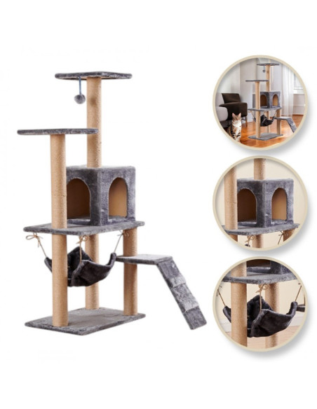 Ansamblu de joaca, cu pat culcus pentru pisici si loc de zgariat, gri, JollyMag, KOT17SZ