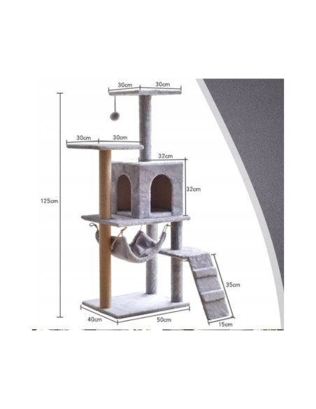 Ansamblu de joaca, cu pat culcus pentru pisici si loc de zgariat, gri, JollyMag, KOT17SZ
