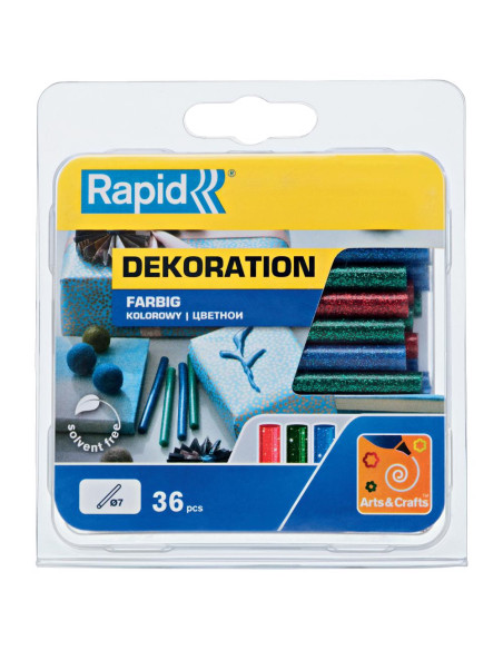 Rapid 5001425, set 36 batoane de adeziv, decoratii, colorate cu sclipici, 7 x 90 mm