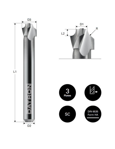 Freza cu raza externa, Plexiglas, 3 caneluri, Datron 00685725, R 2.5, 5.0x2.5x6.0mm