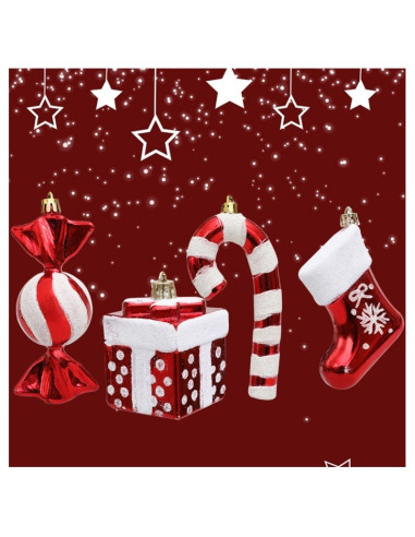 Set 4 globuri de Craciun, bomboane si cadouri ornamentale rosii pentru brad, JollyMag, BSN51, 15x7,5 cm