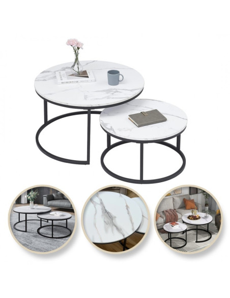 Set 2 masute de cafea, aspect marmura, 2 in 1, albe, diametru 60 si 80 cm, JollyMag, STL14