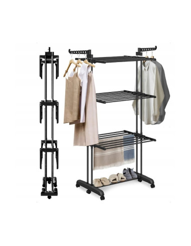 Uscator vertical mare de rufe, pliabil, pe roti, 3 nivele, negru, max 40 kg, JollyMag, SU02CZ