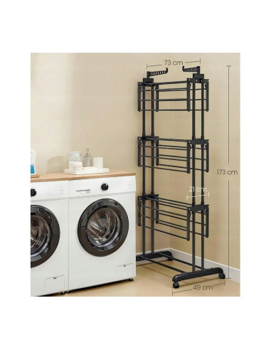 Uscator vertical mare de rufe, pliabil, pe roti, 3 nivele, negru, max 40 kg, JollyMag, SU02CZ