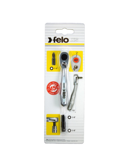 Felo 05763501, Antrenor XS cu clichet reversibil HEX 1/4", 60 dinti, pentru biti, include adaptor pentru tubulare 1/4