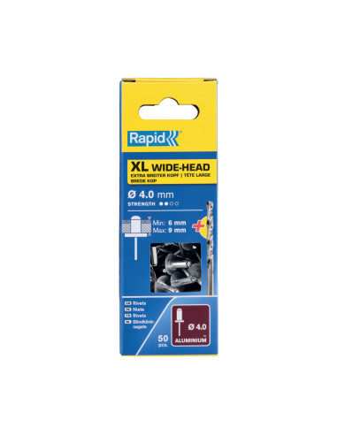Rapid 5000661, set nituri XL din aluminiu, inclusiv burghiu, 50 buc, 6-9mm, Ø4.0 x 12mm