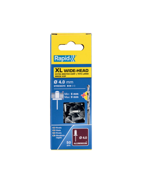 Rapid 5000661, set nituri XL din aluminiu, inclusiv burghiu, 50 buc, 6-9mm, Ø4.0 x 12mm